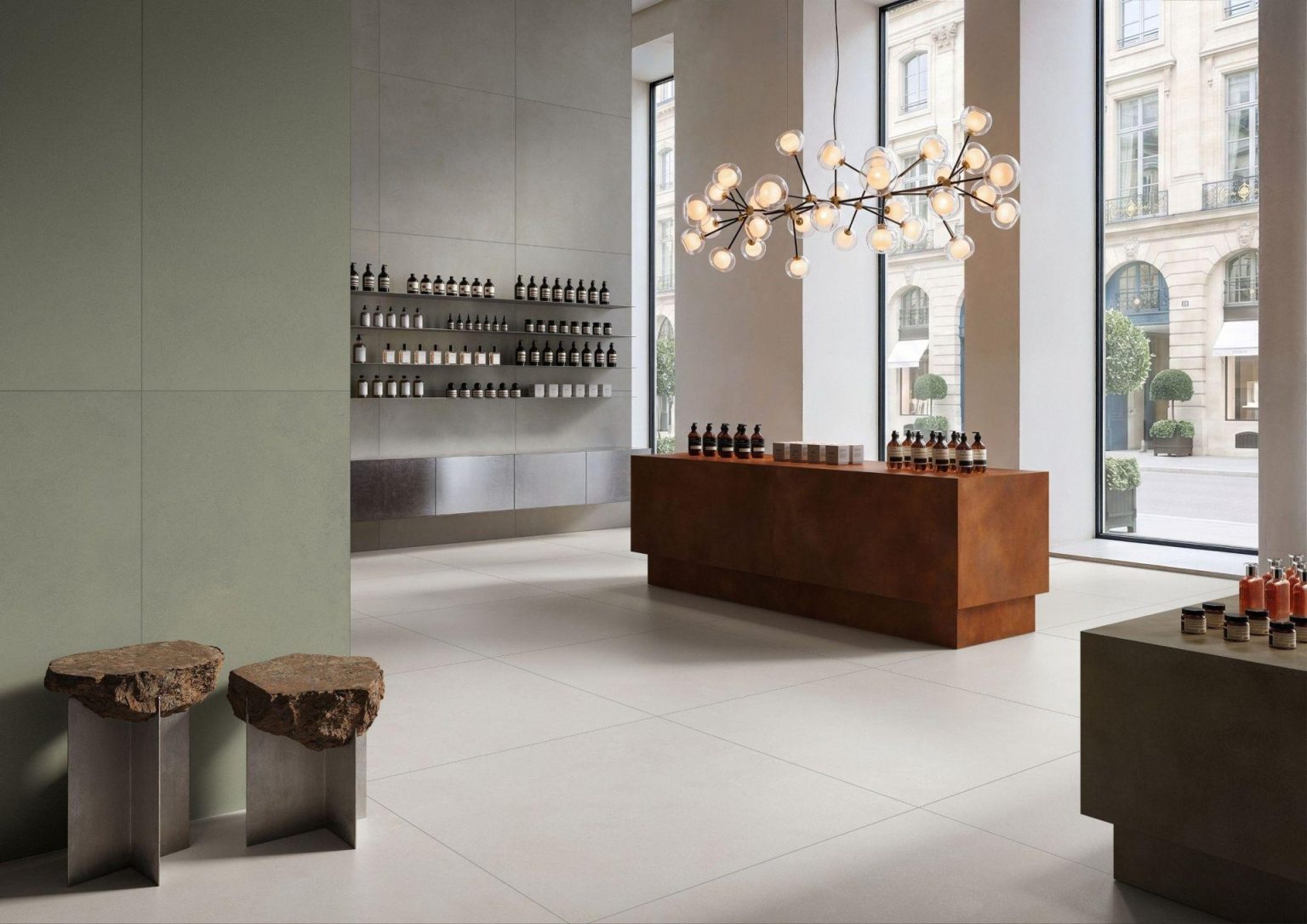VitrA Tiles Reveals “The Code” Concept and New Design Codes at Cersaie Fair VitrA Tiles showroom interior with large-format tiles: VitrA Tiles Reveals "The Code" Concept and New Design Codes at Cersaie Fair