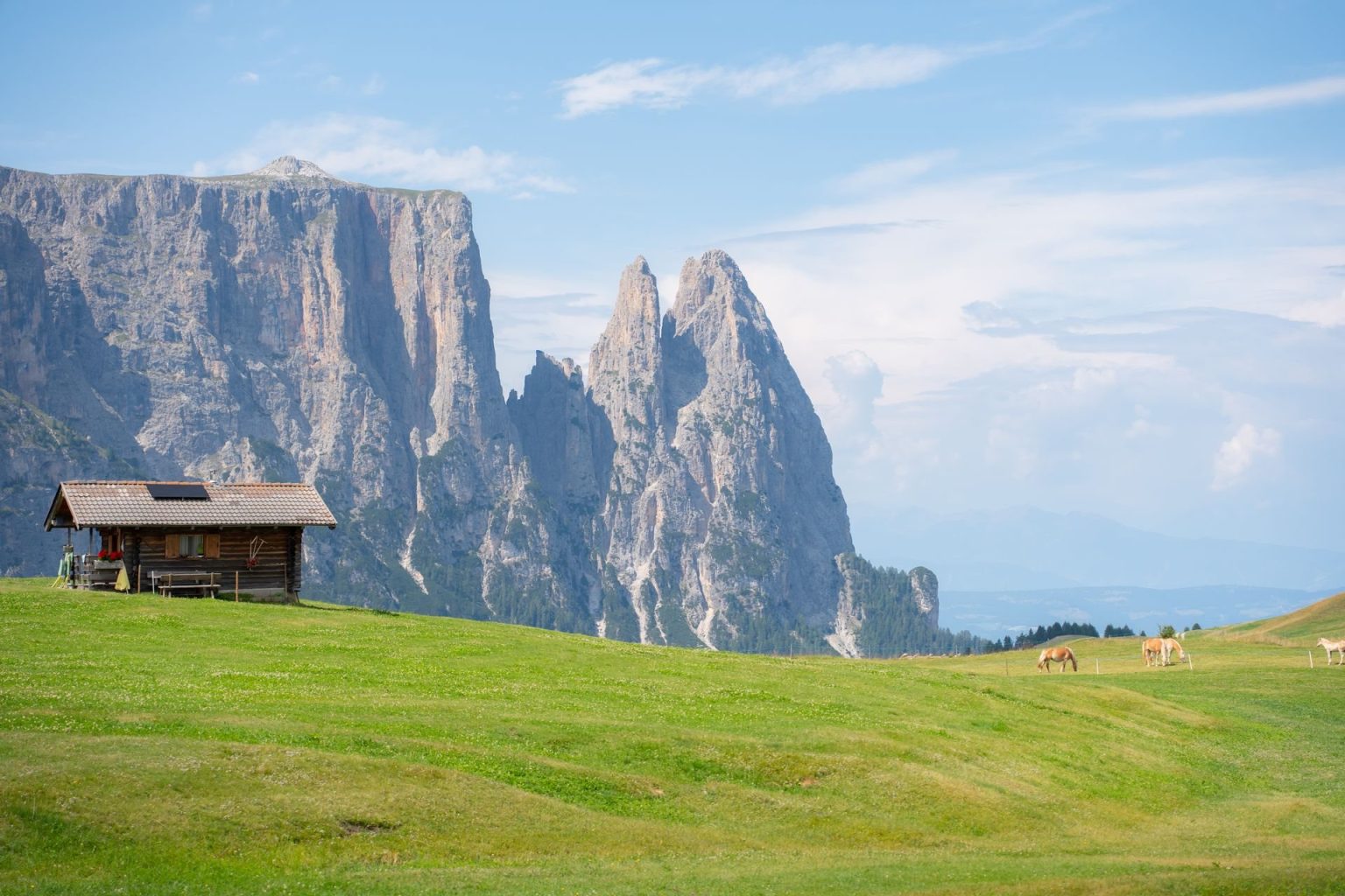 What are the best 5-star wellness hotels on the Seiser Alm with a panoramic pool and Dolomite views? Wooden alpine hut on the green pastures of the Seiser Alm beneath the Schlern massif in the Dolomites